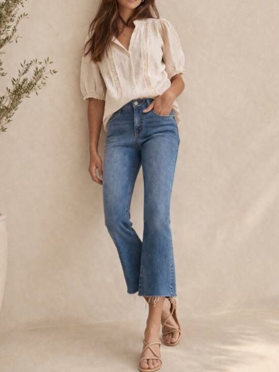 PAIGE Denim - Paige Women’s Rory Crop Flare Jeans In Sylmar Blue Wash Raw Hem High Rise Sz 26